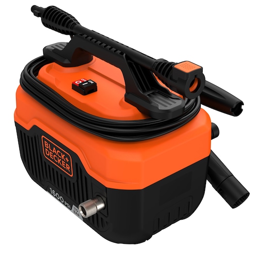 A BLACK+DECKER 1600 PSI portable pressure washer in orange and black color, showing the main unit with hose, nozzle, handle, power switch, and connection ports.