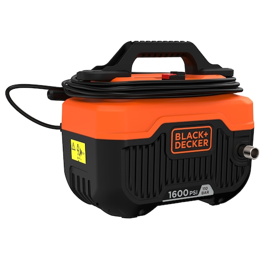 A BLACK+DECKER compact pressure washer with an orange and black casing, a handle on top, a cable coiled around the unit, and a connector on the front. The unit displays '1600 PSI 110 BAR' and the BLACK+DECKER logo.