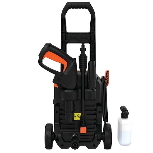 BLACK+DECKER portable pressure washer model BEPW1300L, in black with orange accents, shown from the front with its accessories including a spray gun and a detergent bottle.
