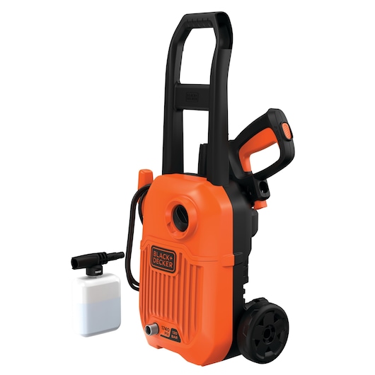 BLACKDECKER BEPW1750 compact orange and black pressure washer with wheels and foam sprayer, front angle photo.