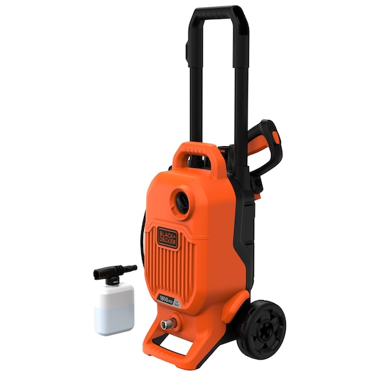 A BLACK+DECKER BEPW1700 pressure washer in orange and black, with large wheels, telescopic handle, and a detachable soap bottle accessory placed next to it.