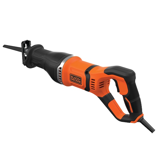 A BLACK+DECKER BES301K reciprocating saw with a bright orange and black design, showing the saw's blade, handle, and cord.