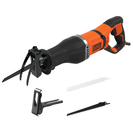 A BLACK+DECKER reciprocating saw with a black and orange body, shown with three interchangeable saw blades and an accessory part placed beside it.