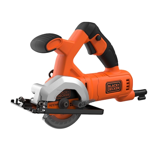 A BLACK+DECKER compact circular saw with an ergonomic handle, orange and black in color, designed for precise cutting tasks.