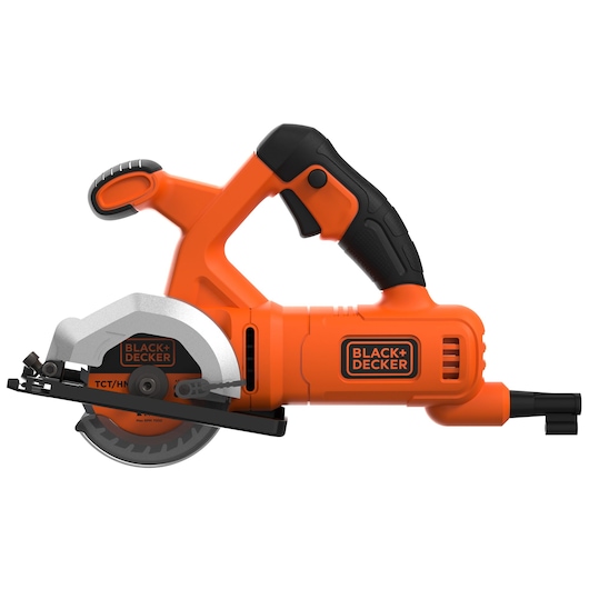 A BLACK+DECKER compact electric circular saw with an orange and black design, featuring a side handle and blade guard.