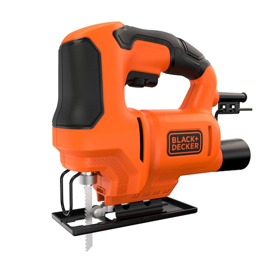BLACK+DECKER BES603 jigsaw, orange and black, side angle, ergonomic handle, metal base, white background.