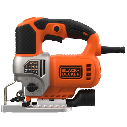 An electric jigsaw for woodworking and cutting tasks, featuring an ergonomic black and orange design with the BLACK+DECKER logo, adjustable settings, and a visible blade guard.