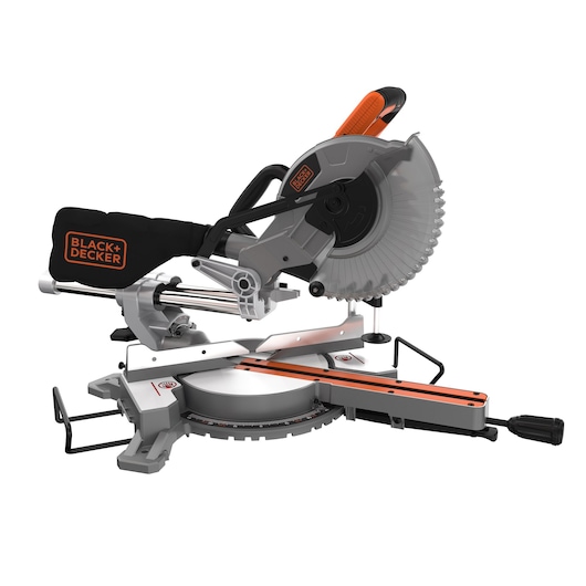 A BLACK+DECKER BES700 compound sliding mitre saw with a circular blade, dust bag, and prominent handle, designed for precise wood cutting.