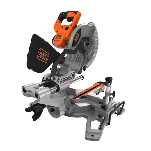 BLACKDECKER BES701 miter saw, silver and orange, side angle, with dust bag and sliding rail.