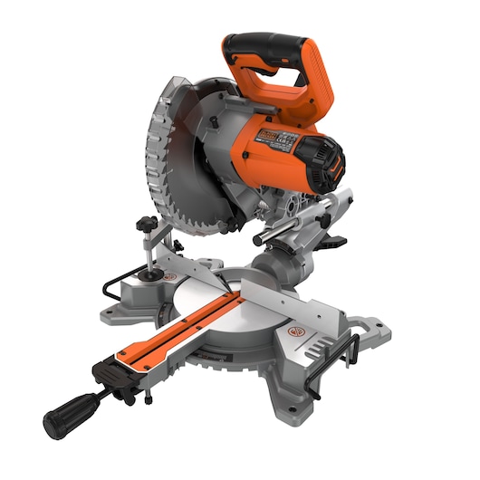 BLACKDECKER BES701 miter saw with orange and black handle, silver base, blade guard, side angle, white background.