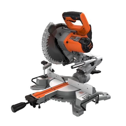 BLACKDECKER BES701 miter saw with orange and black accents, side angle on white background.