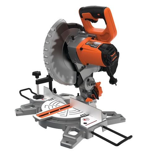 A BLACK+DECKER BES702 compound mitre saw with an orange and black handle, a silver circular blade, and a sturdy base, designed for precise woodworking and cutting tasks.