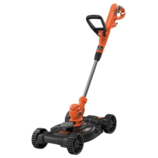 A BLACK+DECKER orange and black electric lawn mower and string trimmer combination tool with four wheels and an ergonomic handle.