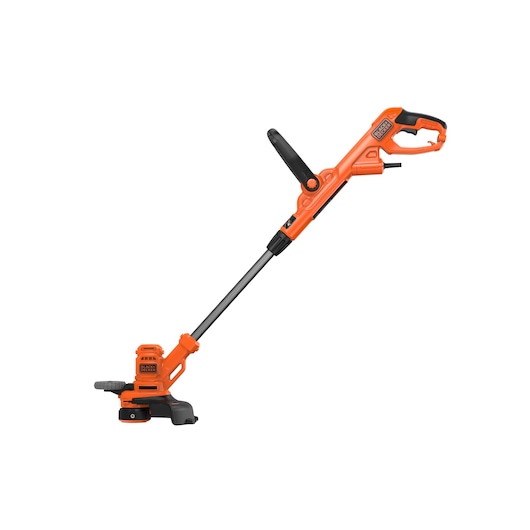 An orange and black BLACK+DECKER electric grass trimmer and edger with adjustable handle and shaft.