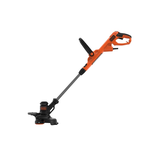 A BLACK+DECKER electric grass trimmer with an orange and black handle and adjustable shaft, designed for lawn and garden maintenance.