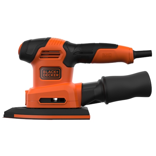 BLACK+DECKER BEW200K electric sander with a black and orange design, shown in a side view with ergonomic handle and dust collection attachment.