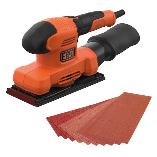 BLACK+DECKER electric sander with an orange and black design, shown with several sheets of sandpaper lying next to it.