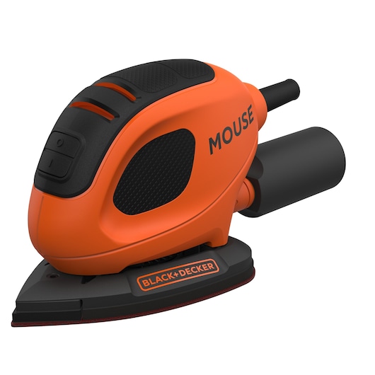 An orange and black BLACK+DECKER mouse sander with a triangular sanding base and dust extraction attachment.