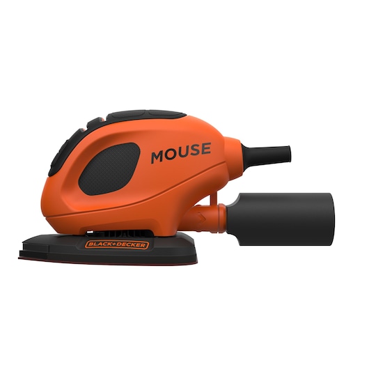 An orange and black BLACK+DECKER mouse sander, featuring the word 'MOUSE' printed on its side. The sander has a compact, ergonomic design with a dust collection attachment.