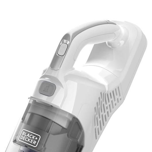 BLACK+DECKER BHFEA420J handheld vacuum cleaner, close-up angle on white background showing handle and dustbin.