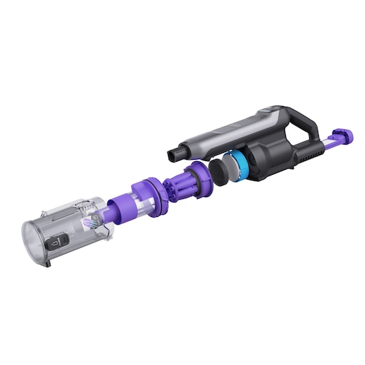 BLACKDECKER BHFEA640WP cordless vacuum cleaner with purple and black parts shown in exploded side view.