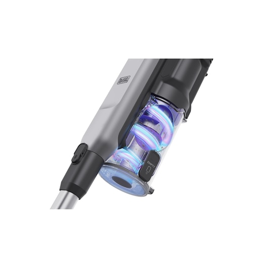 BLACKDECKER BHFEA640WP cordless stick vacuum close-up, showing transparent dust canister and control button, white background.