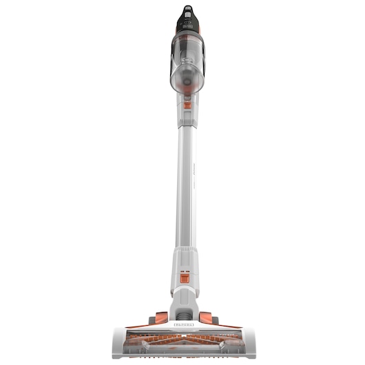 Front view of a BLACK+DECKER cordless stick vacuum cleaner, showing its white and orange design with a transparent dust container and brush head.