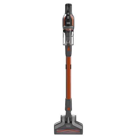 A BLACK+DECKER cordless stick vacuum cleaner, model BHFEV182B, upright and viewed from the front. The vacuum has an orange and black design with a transparent dust container.