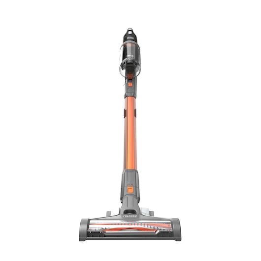 Front view of a BLACK+DECKER cordless stick vacuum cleaner with an orange tube and clear dust container, placed against a white background.