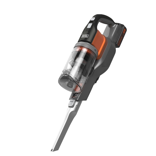 A BLACK+DECKER cordless handheld vacuum cleaner with a transparent dust container and an extended nozzle, designed in black, grey, and orange colors.