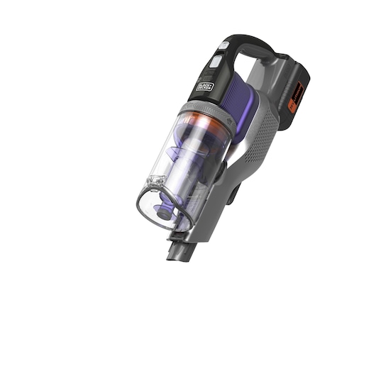A BLACK+DECKER cordless handheld vacuum cleaner with a transparent dust container and purple accents, shown isolated on a white background.