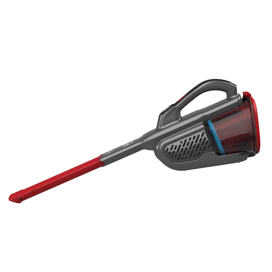 A cordless handheld vacuum cleaner with a long red extension nozzle, featuring a grey and red design.