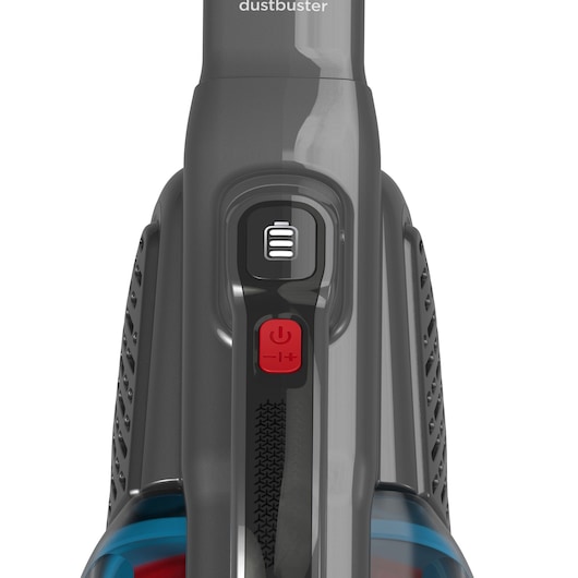 Close-up view of the control panel on a BLACK+DECKER dustbuster handheld vacuum cleaner, showing the power and suction control buttons.