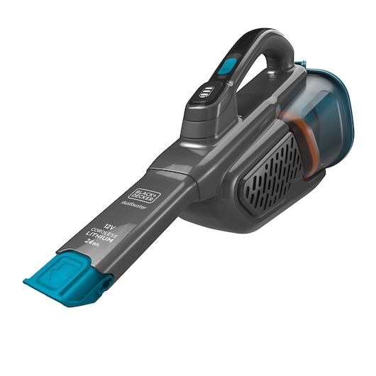 A BLACK+DECKER handheld cordless vacuum cleaner with a grey and blue design, featuring a slim nozzle and ergonomic handle.