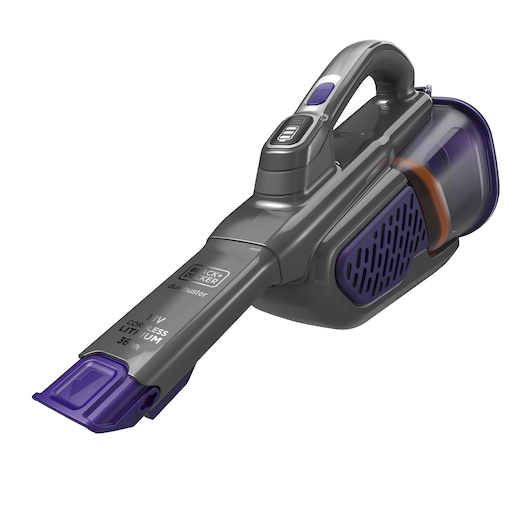 A BLACK+DECKER handheld cordless vacuum cleaner with a grey and purple design, featuring a comfortable handle and a transparent dust container.