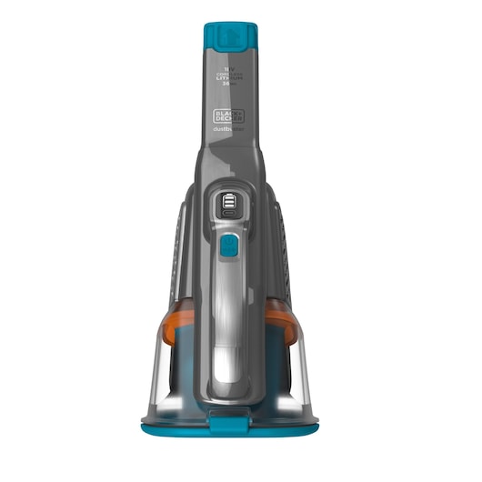 Front view of a BLACK+DECKER handheld cordless vacuum cleaner, model BHHV520BF, featuring a gray and blue design with orange accents.