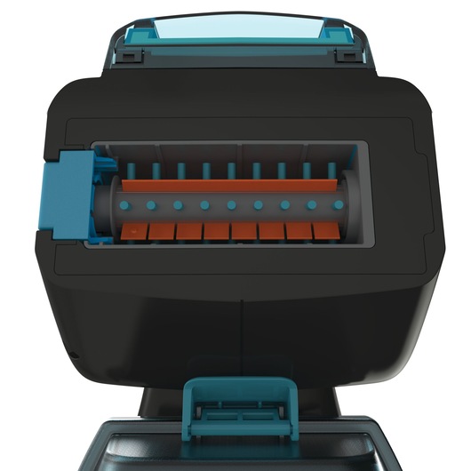 Photo of BLACK+DECKER BHSB320JP vacuum cleaner brush head close-up, showing orange and blue roller and bristles.
