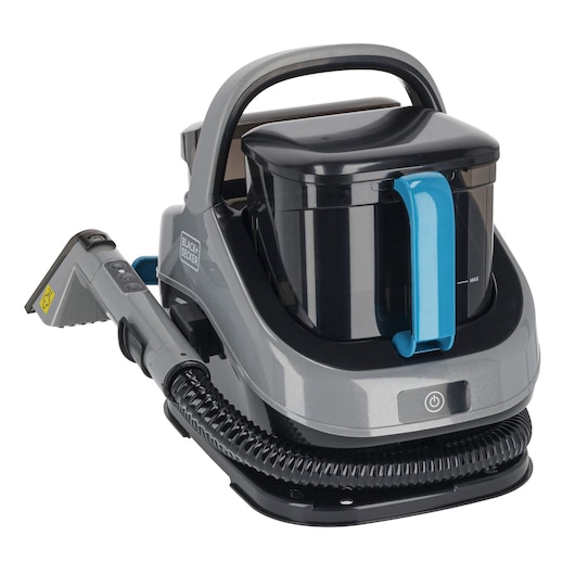 BLACK+DECKER portable spot cleaner with handle, hose, and water tank for cleaning stains.