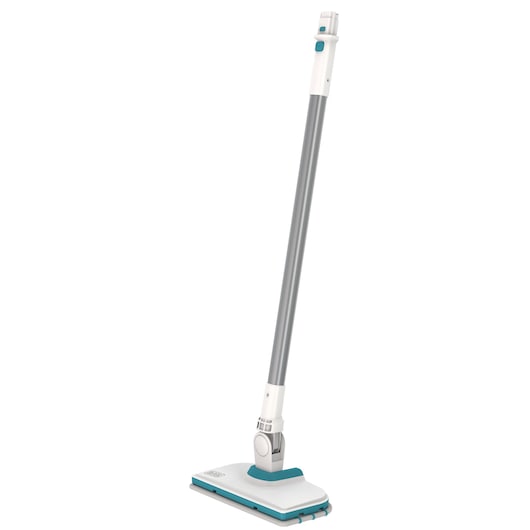BLACKDECKER BHSM15FX08 steam mop with long silver handle and rectangular white cleaning head, side angle.