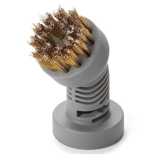BLACKDECKER BHSM15FX08 gray and gold round metal brush head accessory, angled, white background.