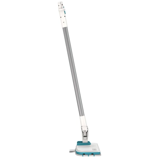 BLACK+DECKER BHSM15FX08 steam mop with aqua and white base, long silver handle, side angle on white background.