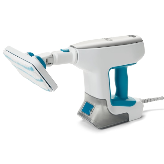 BLACKDECKER handheld steam cleaner BHSM15FX08, white and blue, right angle view on white background.