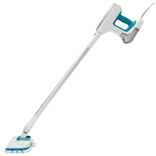 BLACKDECKER BHSM15FX10 steam mop in white and blue, angled side view on white background.