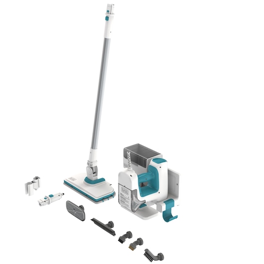 Photo of BLACKDECKER BHSM15FX10 steam mop in white and teal with detachable handheld unit, accessories, and attachments on white background.