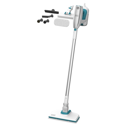 BLACKDECKER BHSM15FX10 steam mop with white and teal body, upright view, multiple attachments shown on white background.
