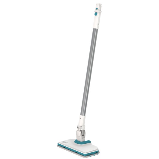 BLACKDECKER BHSM15FX10 steam mop with long gray handle and white base, front angle on white background.