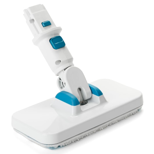BLACKDECKER BHSM15FX10 white and blue steam mop head, angled view, for floor cleaning.