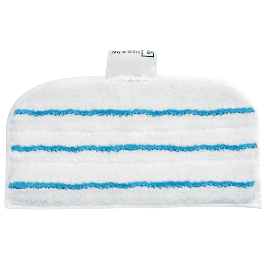 BLACKDECKER BHSM1615DSG steam mop pad, white microfiber with blue stripes, front view on white background.