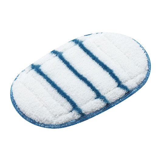 BLACKDECKER BHSM1615DSG oval white microfiber mop pad with blue stripes, photography, top angle.