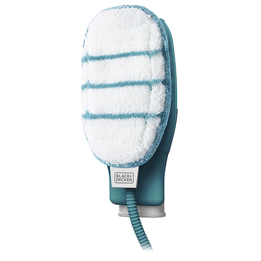 Photo of BLACK+DECKER BHSM1615DSG steam cleaning glove with white and blue microfiber pad, front angle on white background.